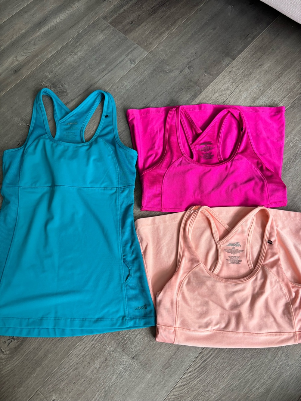 Avia Teal Racerback Tank with Hot Pink and Peach Sports Bras